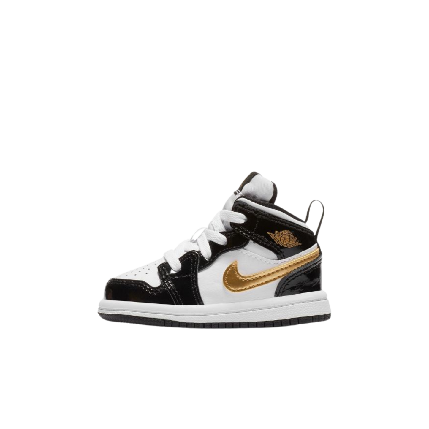 Jordan 1 Mid Patent Black White Gold