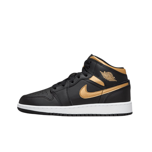 Jordan 1 Mid Black Metallic Gold Swoosh
