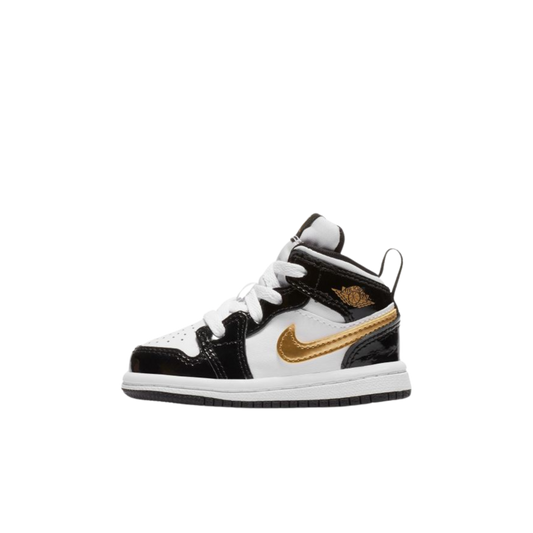 Jordan 1 Mid Patent Black White Gold