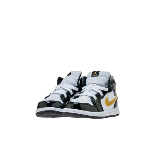 Jordan 1 Mid Patent Black White Gold